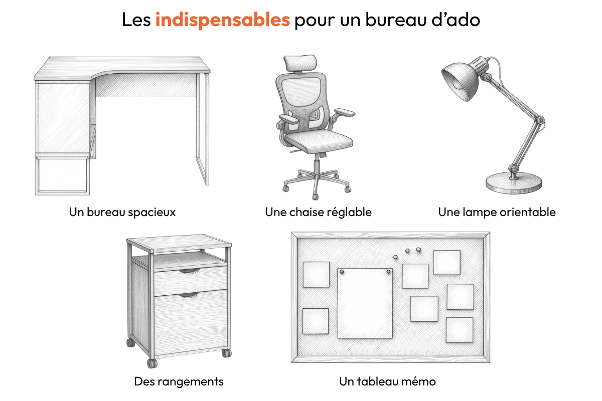 Infographie illustrée des cinq indispensables pour aménager un bureau d’ado : bureau spacieux, chaise réglable, lampe orientable, caisson de rangement à roulettes et tableau mémo mural