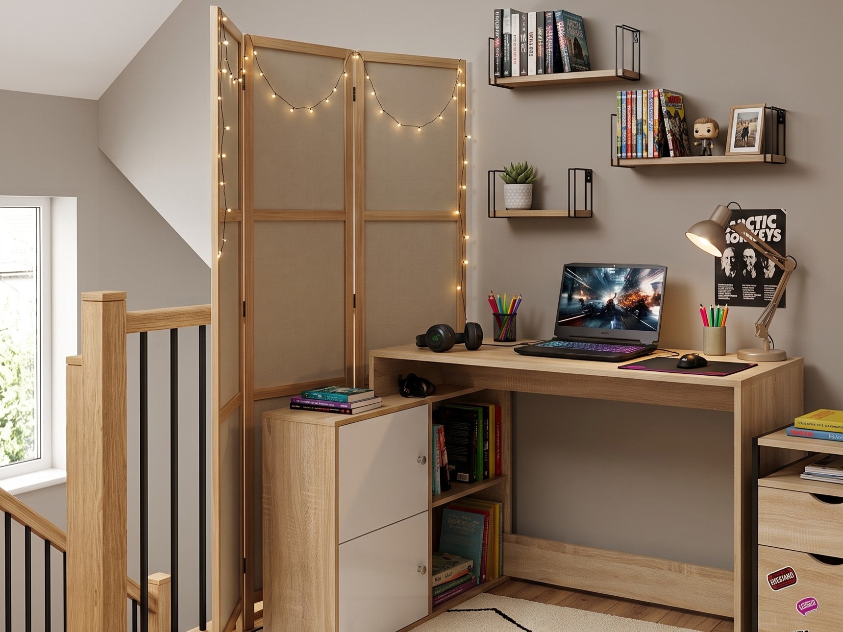 Coin bureau pour adolescent aménagé sur un palier, avec bureau en bois, ordinateur portable, lampe orientable, étagères murales, meuble de rangement bas et paravent