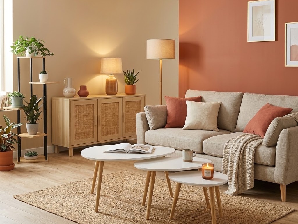 Salon cosy beige et terracotta avec canapé d’angle en tissu clair, coussins terracotta, plaid écru, tables basses gigognes blanches et bois, buffet à façades cannage, plantes vertes, lampes et tapis en jute