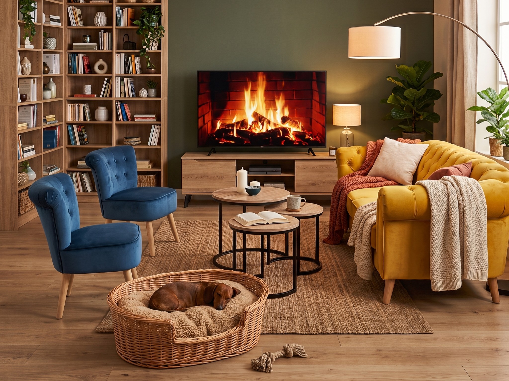 Salon chaleureux avec canapé capitonné jaune moutarde, fauteuils bleus, grandes bibliothèques en bois, meuble TV, écran diffusant un feu de cheminée, tapis, lampadaire arqué et plaids