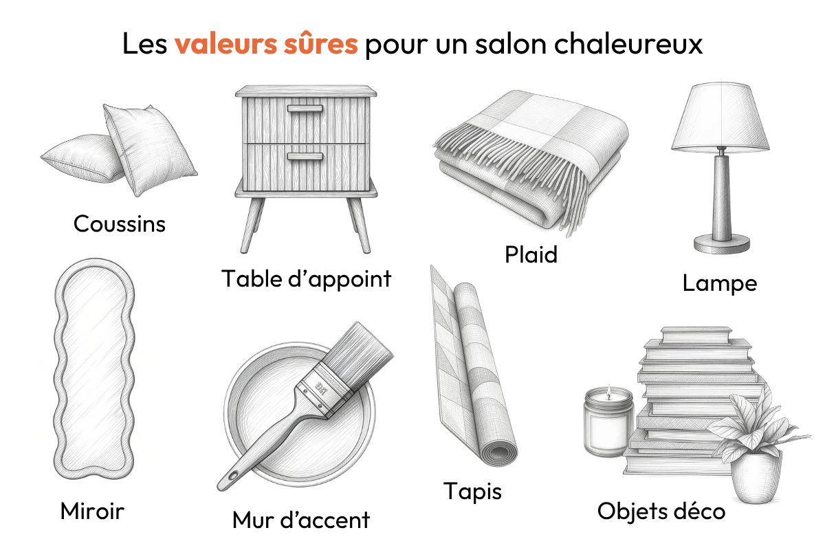 Infographie illustrée des valeurs sûres pour rendre un salon chaleureux : coussins, table d’appoint, plaid, lampe, miroir, mur d’accent peint, tapis et objets déco