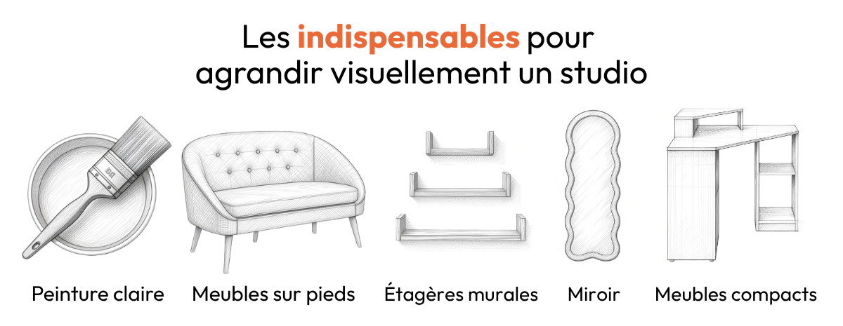 Infographie illustrée des cinq indispensables pour agrandir visuellement un studio : peinture claire, meubles sur pieds, étagères murales, miroir et meubles compacts, dessins au trait sur fond blanc