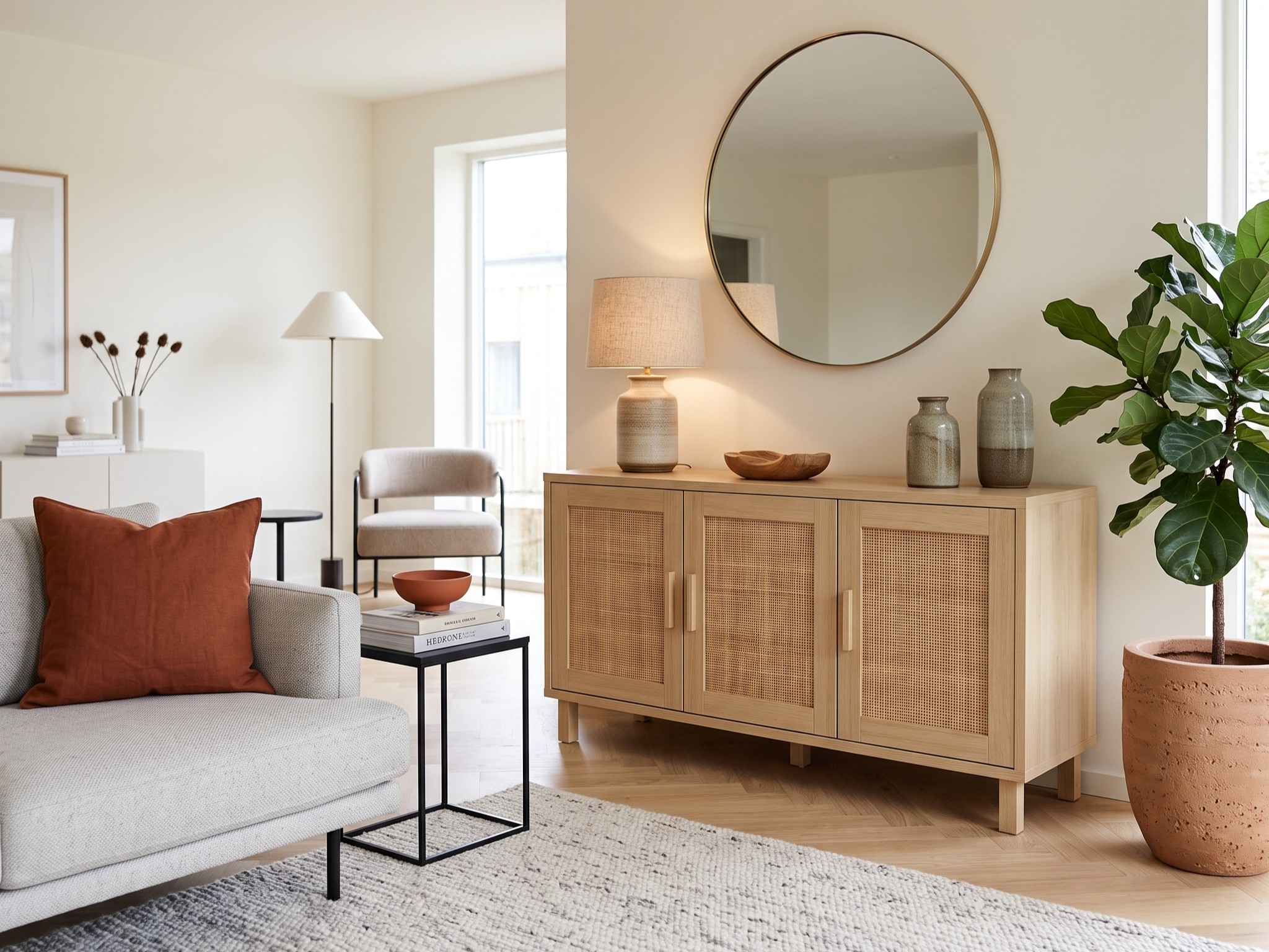Salon beige et terracotta avec buffet bas en bois clair à portes cannage, grand miroir rond, lampe à poser, vases en céramique, plante verte et coussin terracotta sur canapé clair