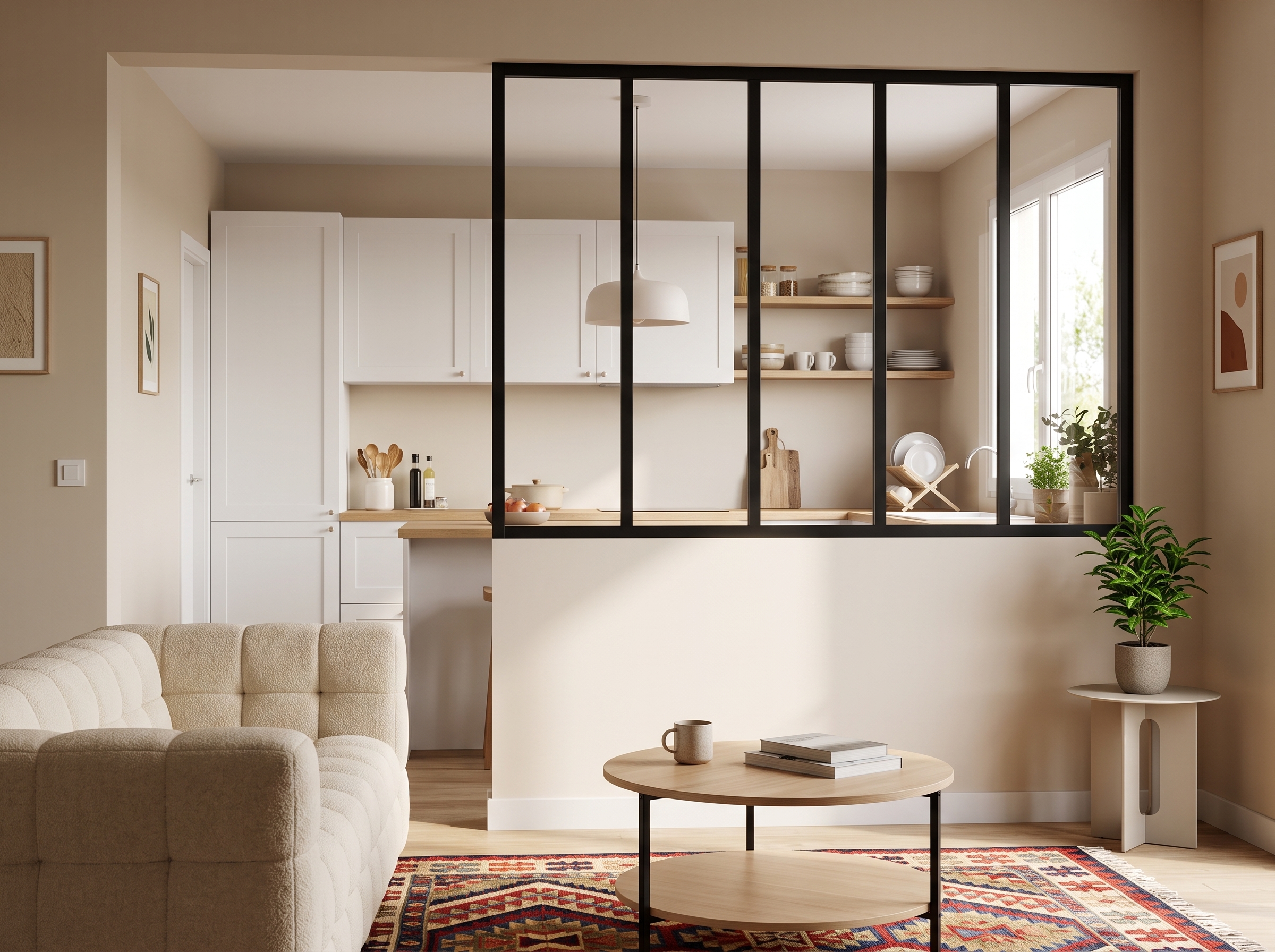Salon lumineux séparé de la cuisine par une verrière atelier en métal noir et verre transparent, avec canapé bouclette beige, table basse ronde en bois, tapis graphique et cuisine blanche visible derrière les vitrages