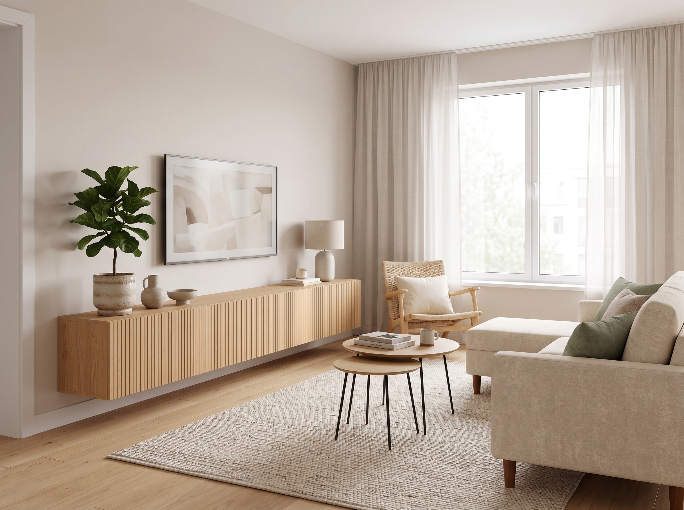 Salon lumineux avec meuble TV bas suspendu en bois clair à façades à lattes, canapé beige, fauteuil en bois et cannage, tables basses rondes, tapis écru, voilages blancs et grande fenêtre