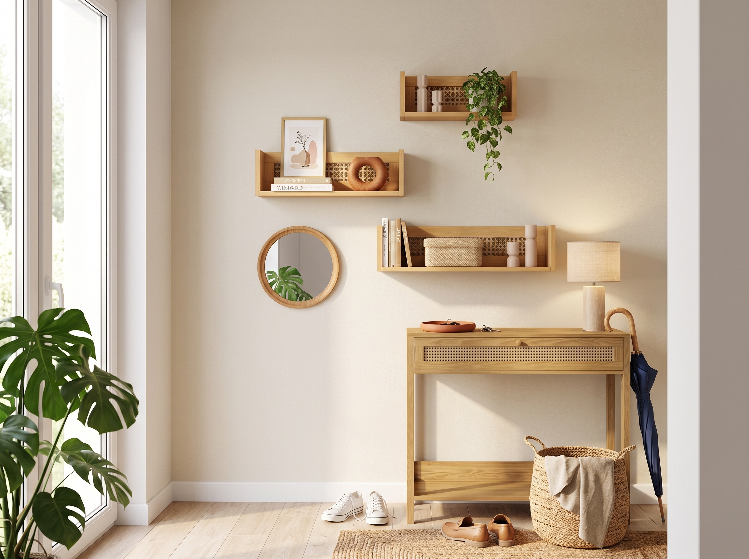 Entrée lumineuse avec console fine en bois clair à façade cannage, étagères murales en bois, miroir rond, lampe à poser, plante verte, panier en fibres naturelles et grande porte-fenêtre