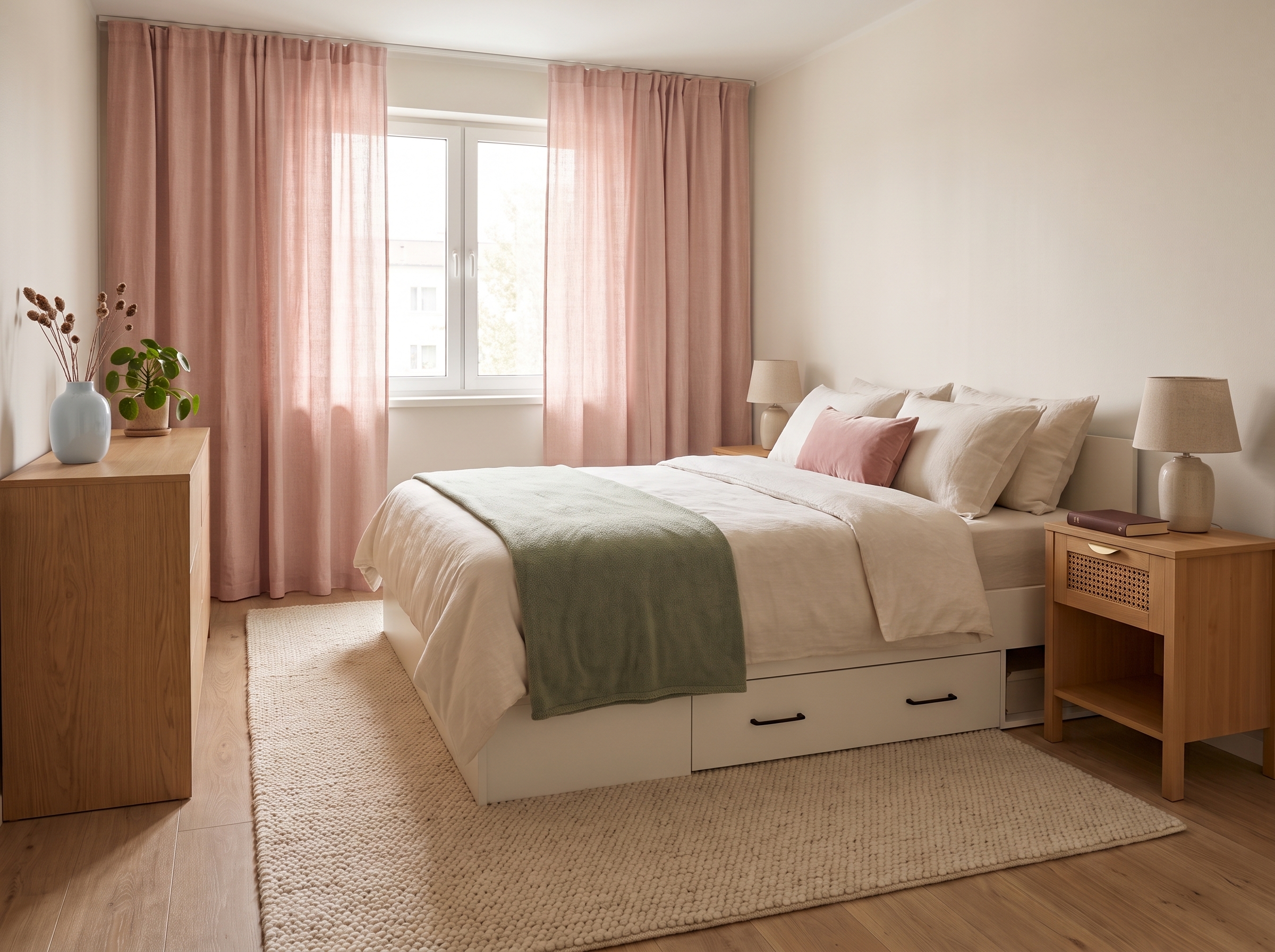 Chambre rangée et apaisante : lit avec tiroirs de rangement, linge clair et plaid vert, rideaux roses, tapis en laine, commode en bois et deux tables de chevet avec lampe.