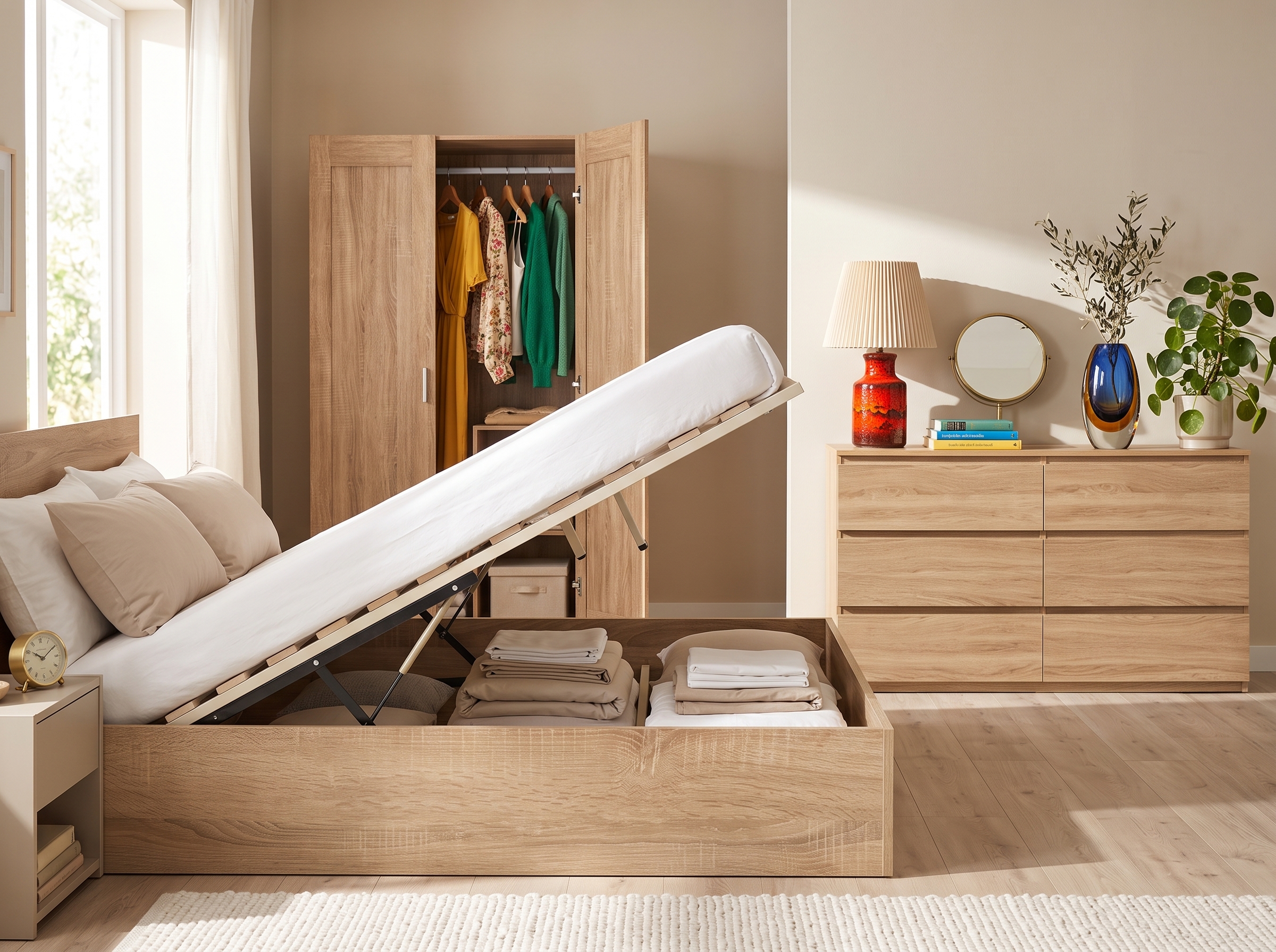 Chambre lumineuse avec un lit coffre ouvert, rempli de linge de lit plié. On voit aussi une armoire ouverte sur des vêtements suspendus et une commode en bois avec une lampe, un miroir et des plantes.