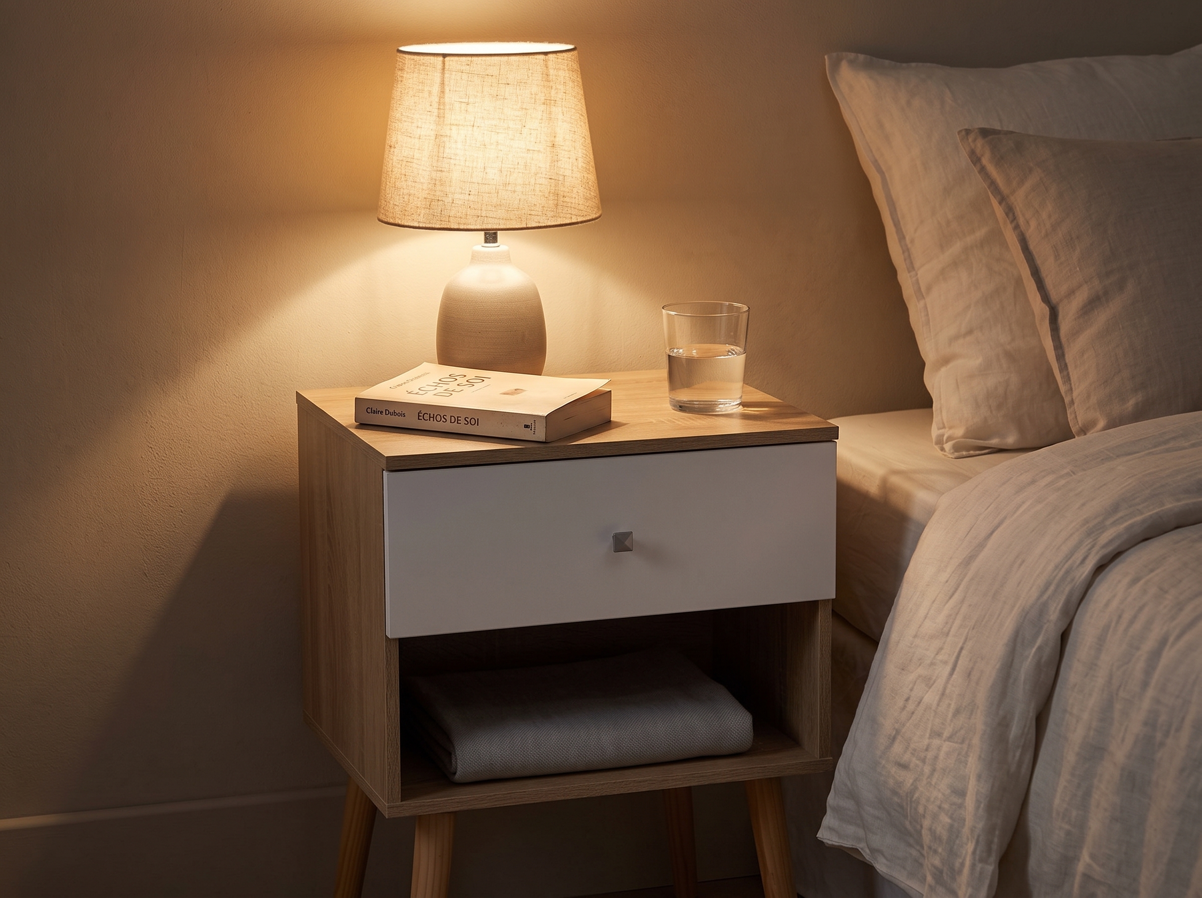 Table de chevet en bois et blanc à côté d'un lit avec draps en lin, avec une lampe allumée, un livre et un verre d'eau. Un plaid plié est rangé dans la niche du bas.