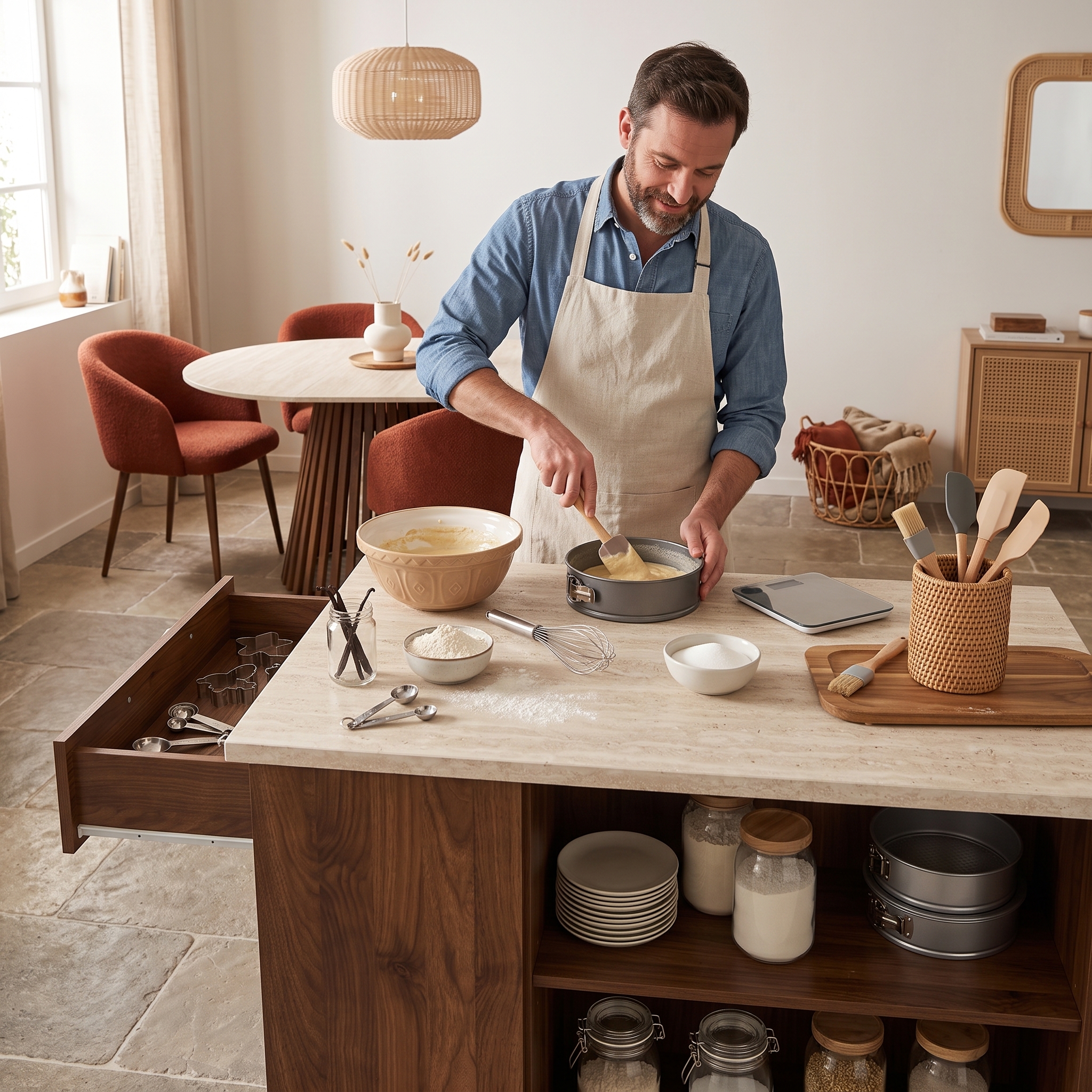 Cuisine lumineuse avec îlot central à plan de travail effet travertin et rangements bois foncé, homme préparant un gâteau, table ronde travertin, chaises terracotta, suspension en fibres naturelles et meuble à façades cannage