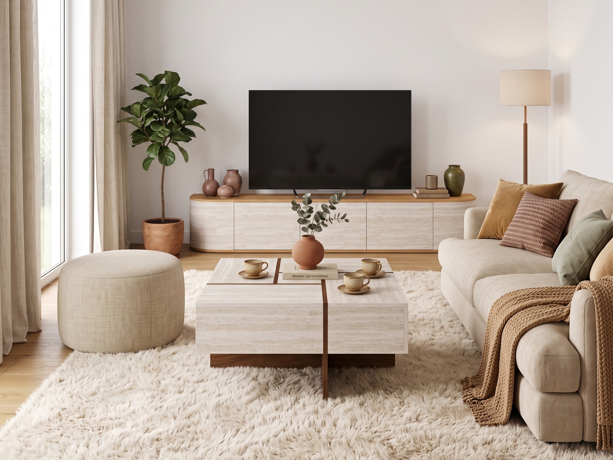Salon contemporain beige avec meuble TV bas effet travertin, table basse carrée effet pierre, canapé écru, pouf rond en tissu, tapis blanc texturé, lampe sur pied, plante verte et coussins ocres.