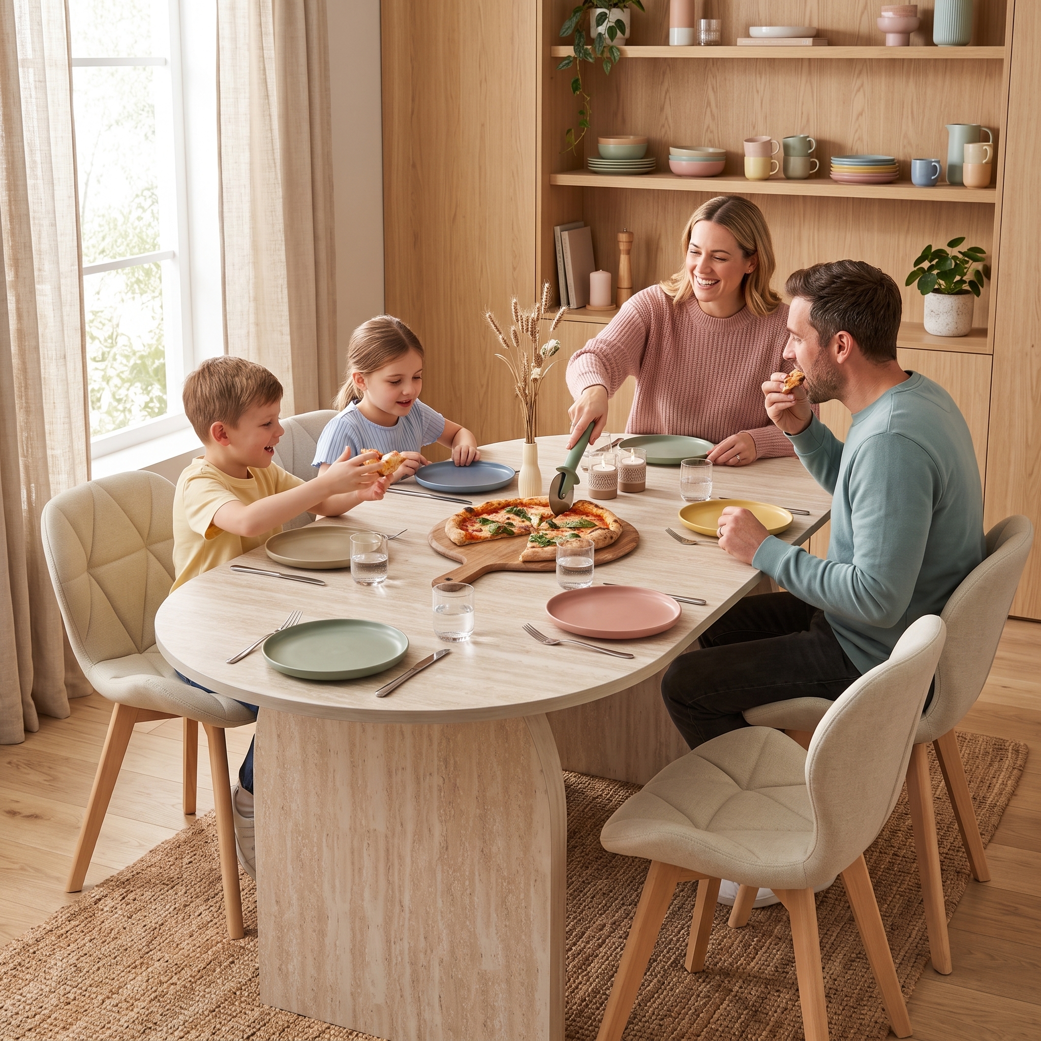 Salle à manger lumineuse avec table ovale effet travertin, quatre chaises beiges à pieds en bois, famille partageant un repas, meuble bibliothèque bois clair, tapis en fibres naturelles et vaisselle colorée