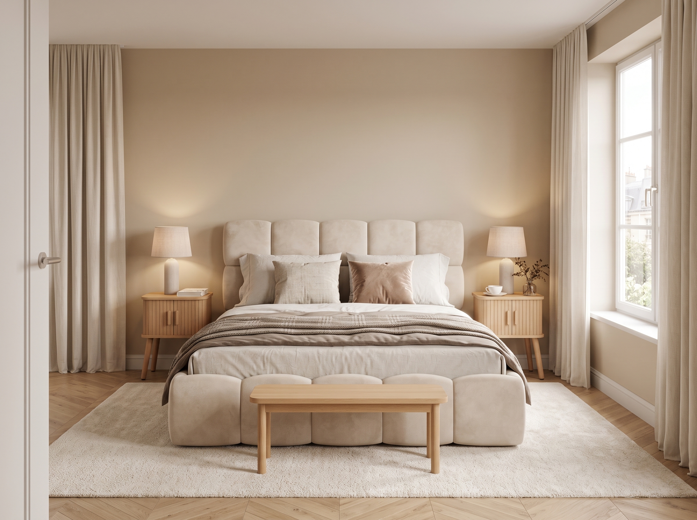 Chambre parentale romantique façon suite d’hôtel avec lit nuage beige capitonné, linge de lit écru, tables de chevet en bois à façades lattes, lampes à abat-jour textile, banc en bois clair, grand tapis beige et rideaux en lin