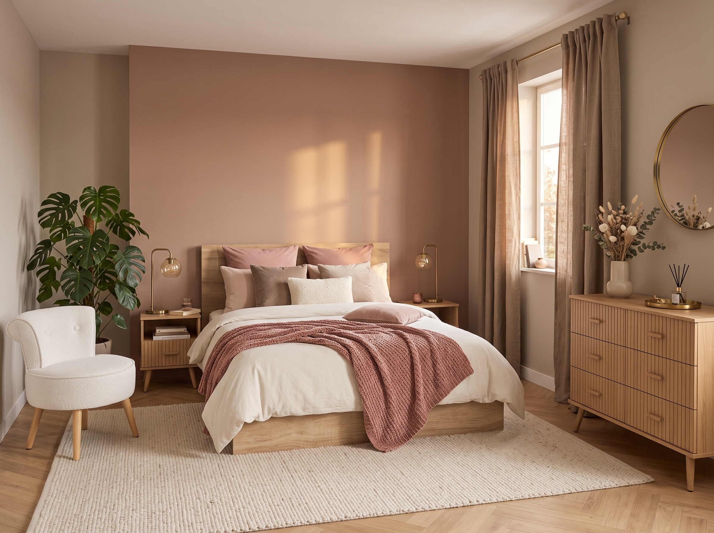 Chambre parentale romantique avec mur d’accent rose poudré, lit double en bois clair, linge de lit blanc et rose, plaid en maille vieux rose, tables de chevet à façades lattes, commode assortie, fauteuil bouclette et tapis écru