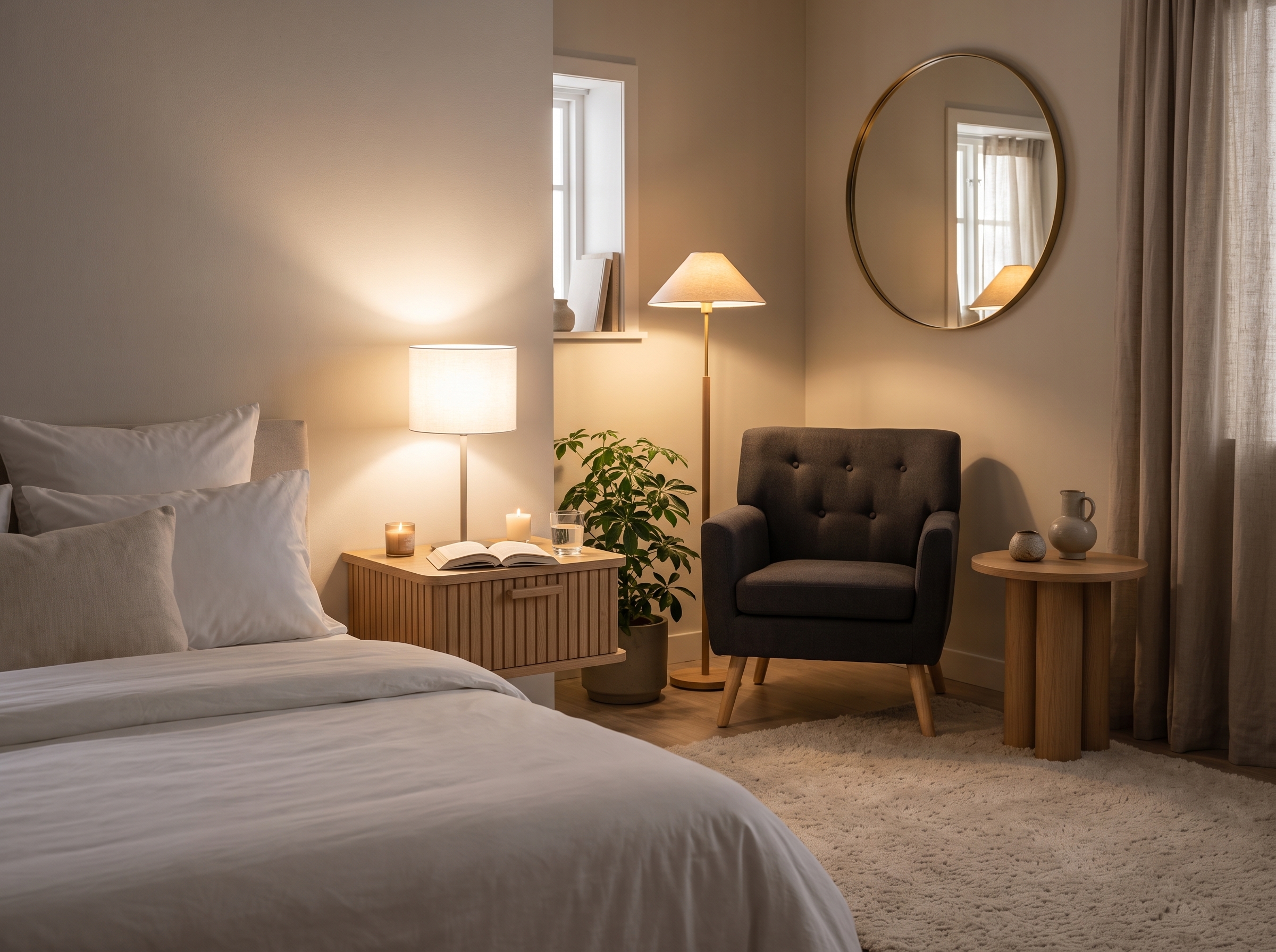 Coin de chambre romantique avec lit, table de chevet à lattes bois et lampe à poser, fauteuil gris capitonné, lampadaire à lumière chaude, table d’appoint ronde, miroir ovale et tapis beige