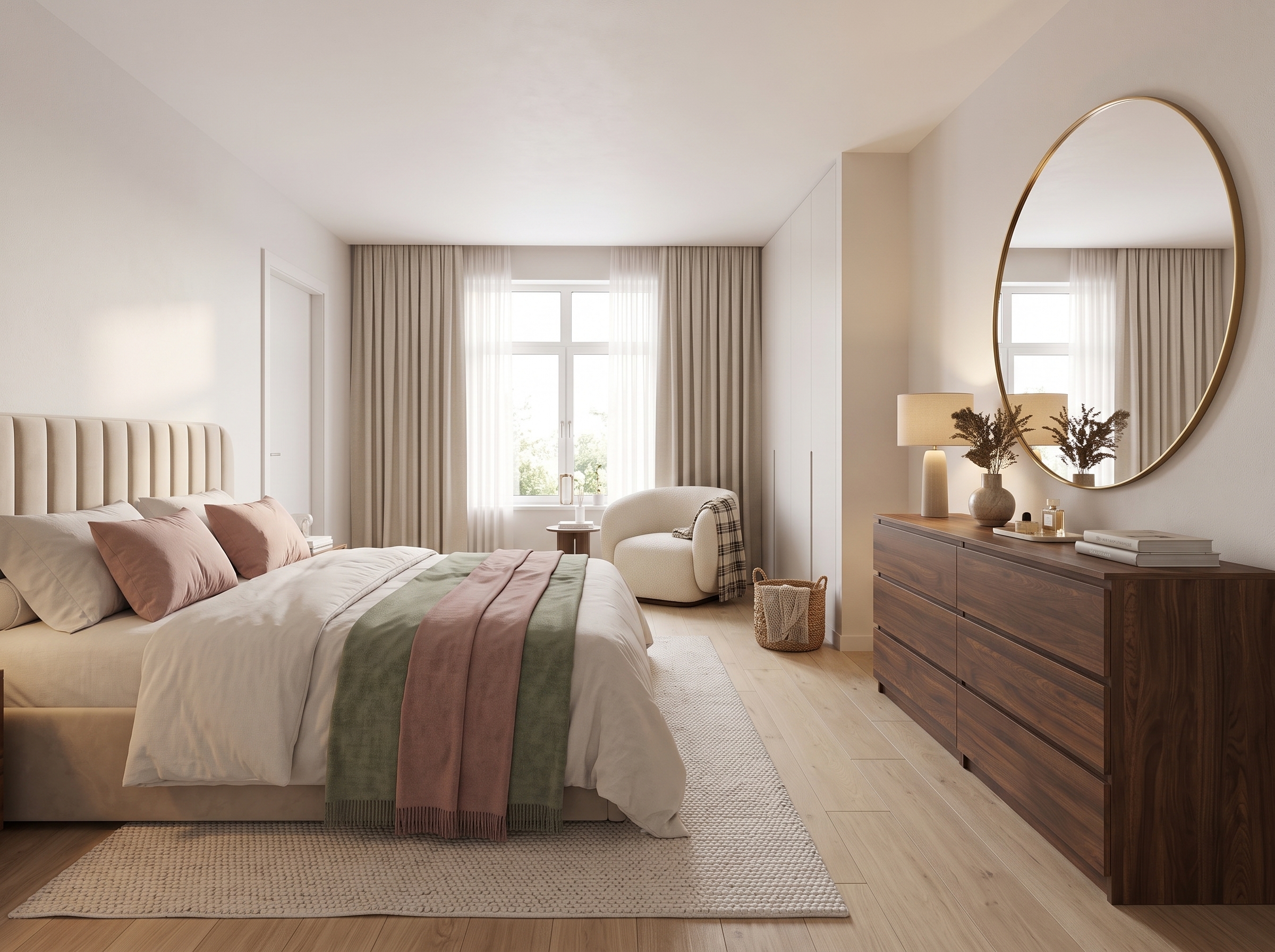 Grande chambre parentale romantique façon suite d’hôtel avec lit beige à tête de lit capitonnée, linge blanc, plaids vert sauge et rose poudré, fauteuil arrondi, commode en bois foncé, miroir ovale doré et rideaux en lin