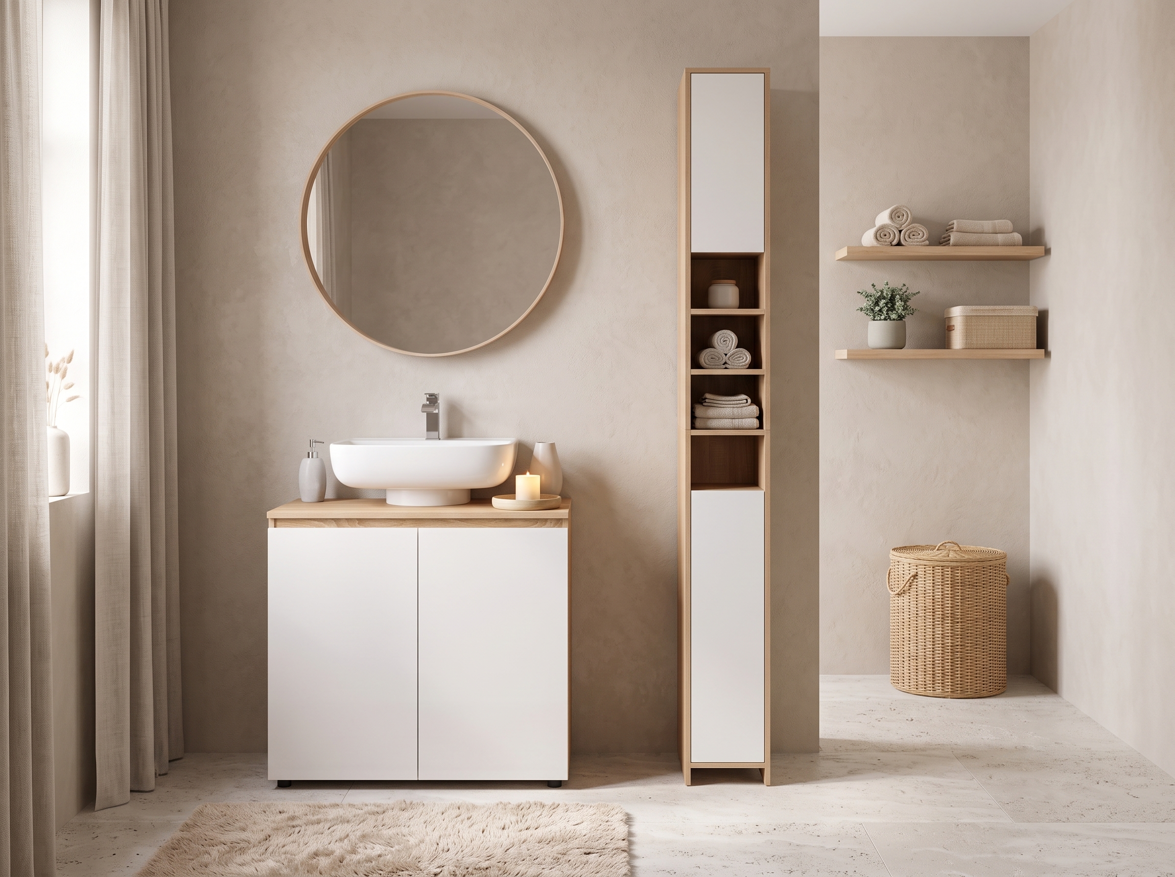 Salle de bain zen beige avec meuble sous vasque blanc et bois, vasque blanche, miroir rond, colonne de rangement étroite avec serviettes, étagères murales, panier à linge en osier et tapis de bain écru