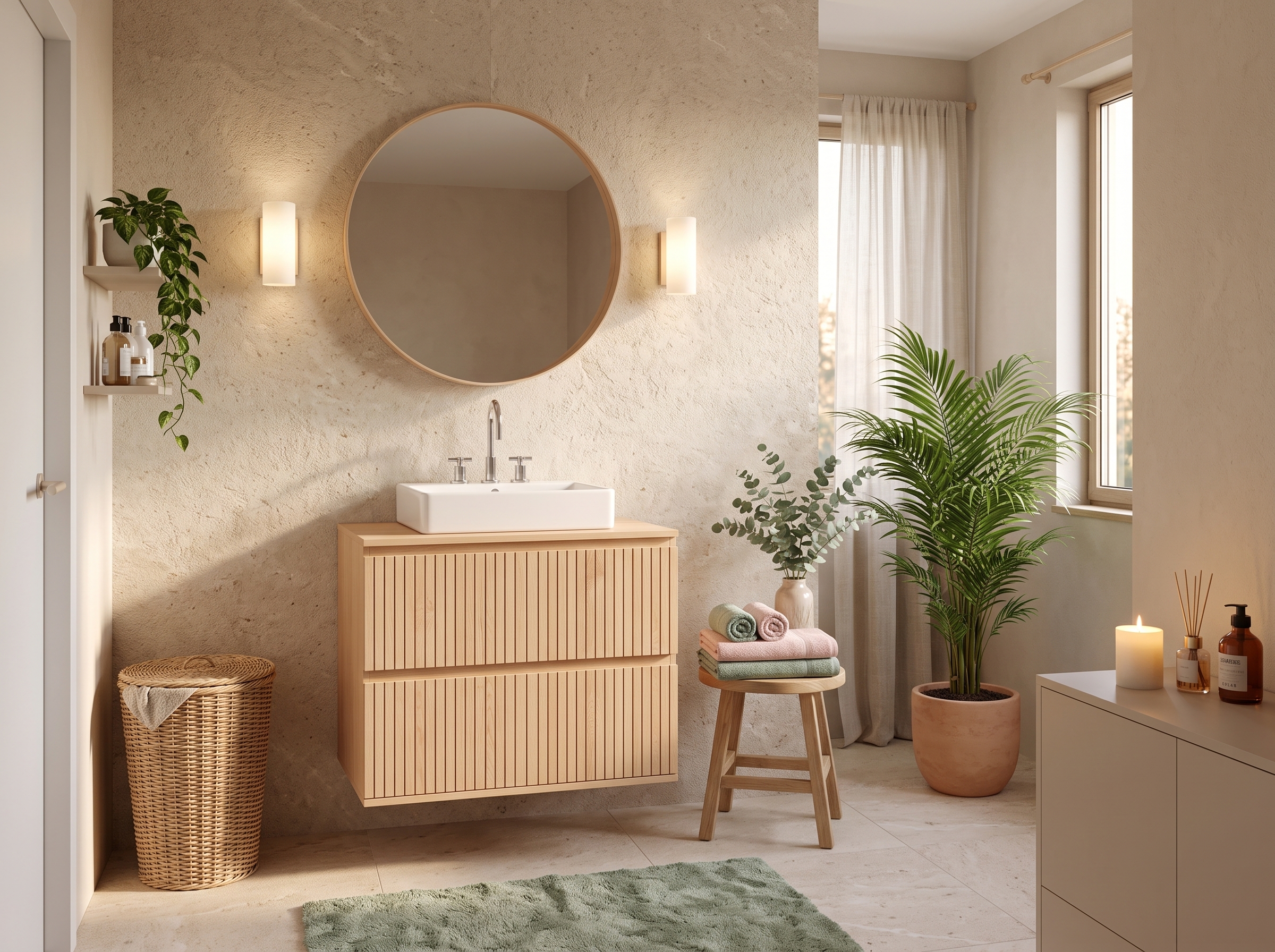 Salle de bain ambiance spa avec meuble vasque suspendu en bois clair à façades lattes, miroir rond, appliques murales, tapis vert sauge, panier en fibres naturelles, serviettes roulées et grandes plantes vertes près de la fenêtre