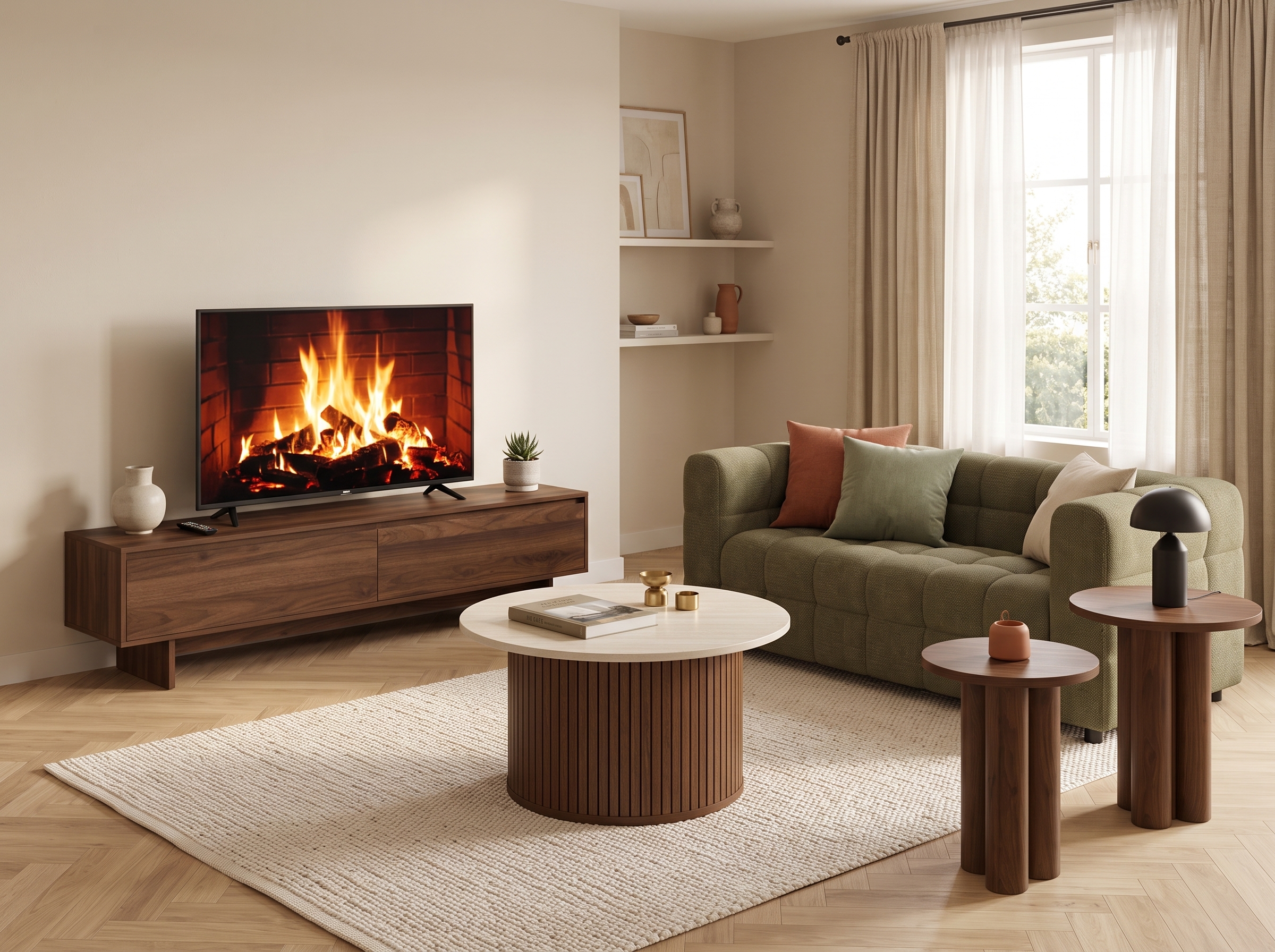 Salon chaleureux avec meuble TV bas effet noyer, table basse ronde à lattes bois foncé et plateau clair, tables d’appoint effet noyer, canapé vert kaki, tapis écru, coussins terracotta et cheminée affichée sur télévision