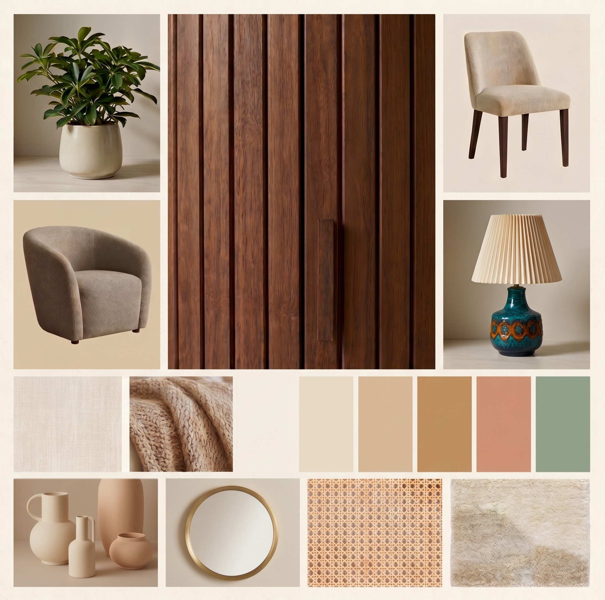 Moodboard décoration autour du bois effet noyer avec façade à lattes, fauteuil et chaise en tissu beige, lampe vintage, plante verte, nuancier beige terracotta vert sauge, céramiques, miroir doré, cannage, lin et tapis écru