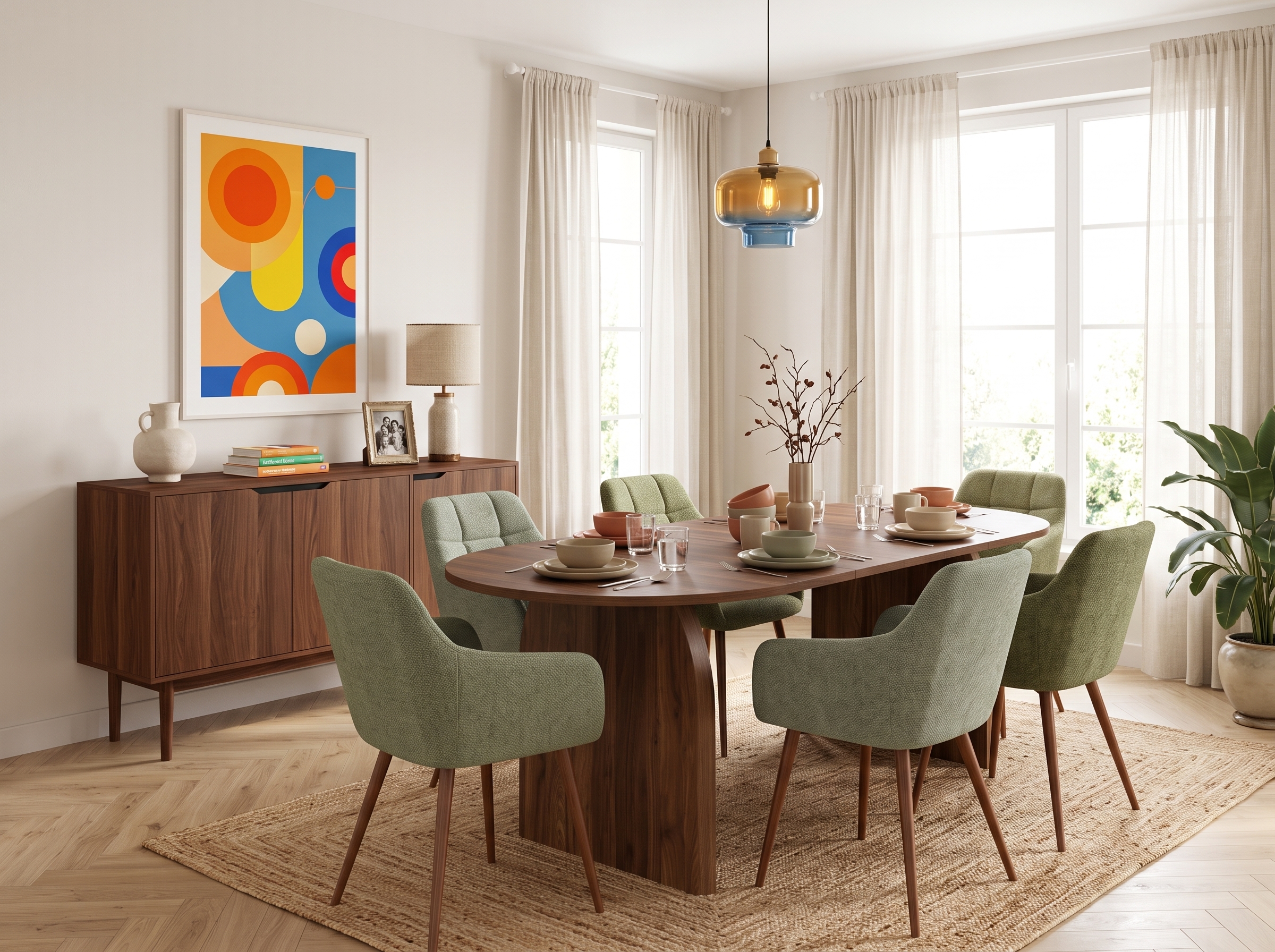 Salle à manger lumineuse d’inspiration vintage avec table ovale effet noyer, buffet bas en bois foncé, six chaises vert sauge, suspension en verre ambré, tapis en fibres naturelles et affiche graphique colorée